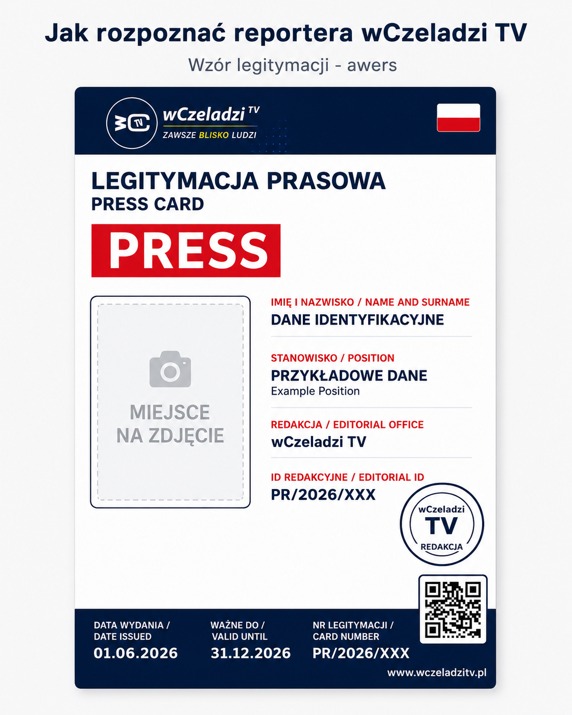 Wzór legitymacji prasowej wCzeladzi TV - awers